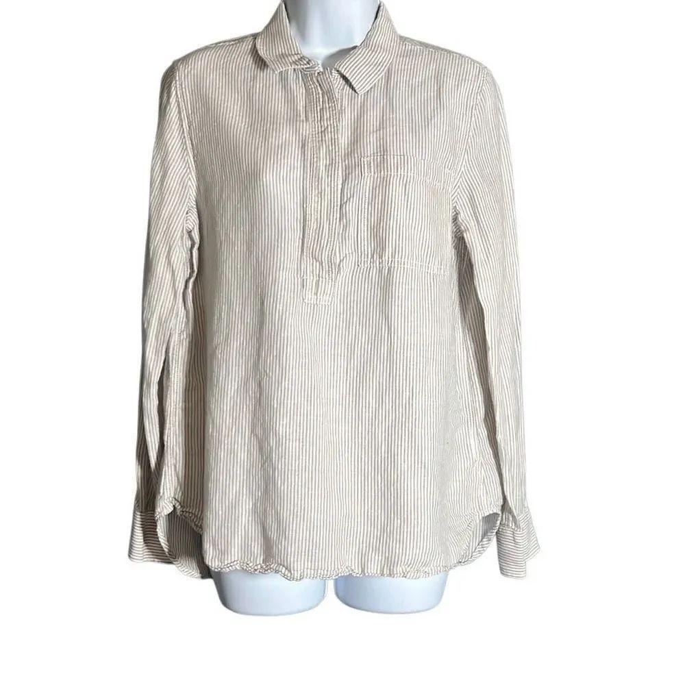 Dalia Collection Linen Blend Striped Button-Up Shirt – Size M